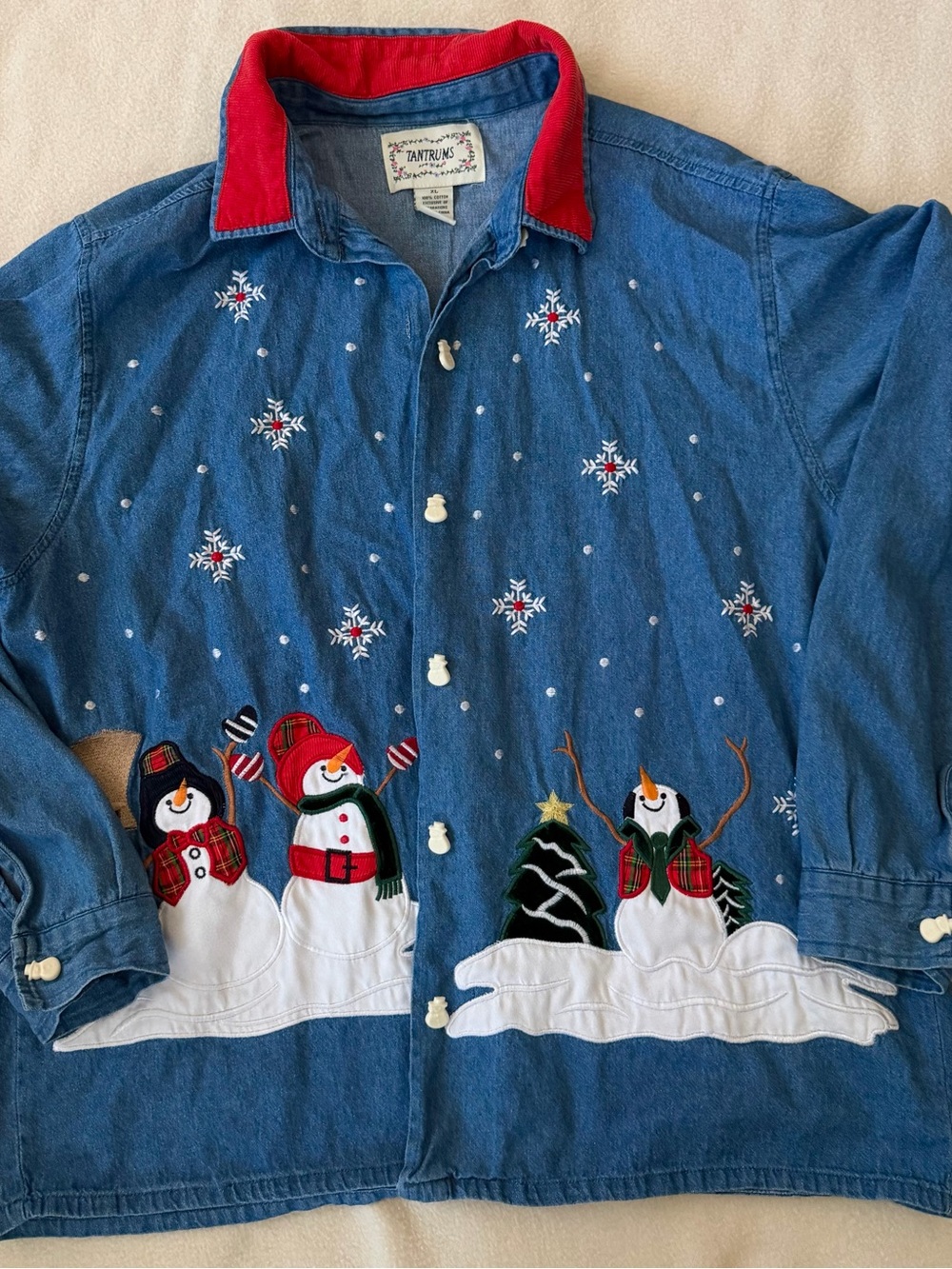 Vintage Tantrums Christmas Snowman Embroidered Denim Long Sleeve Shirt XL